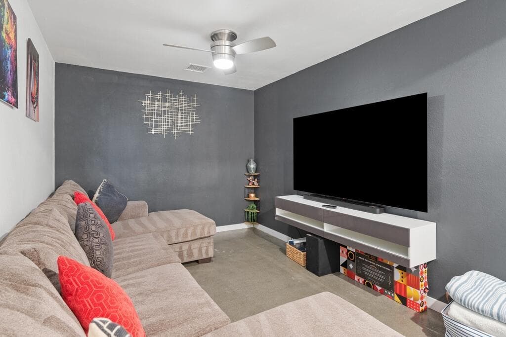 Patio under string lights at golden hour